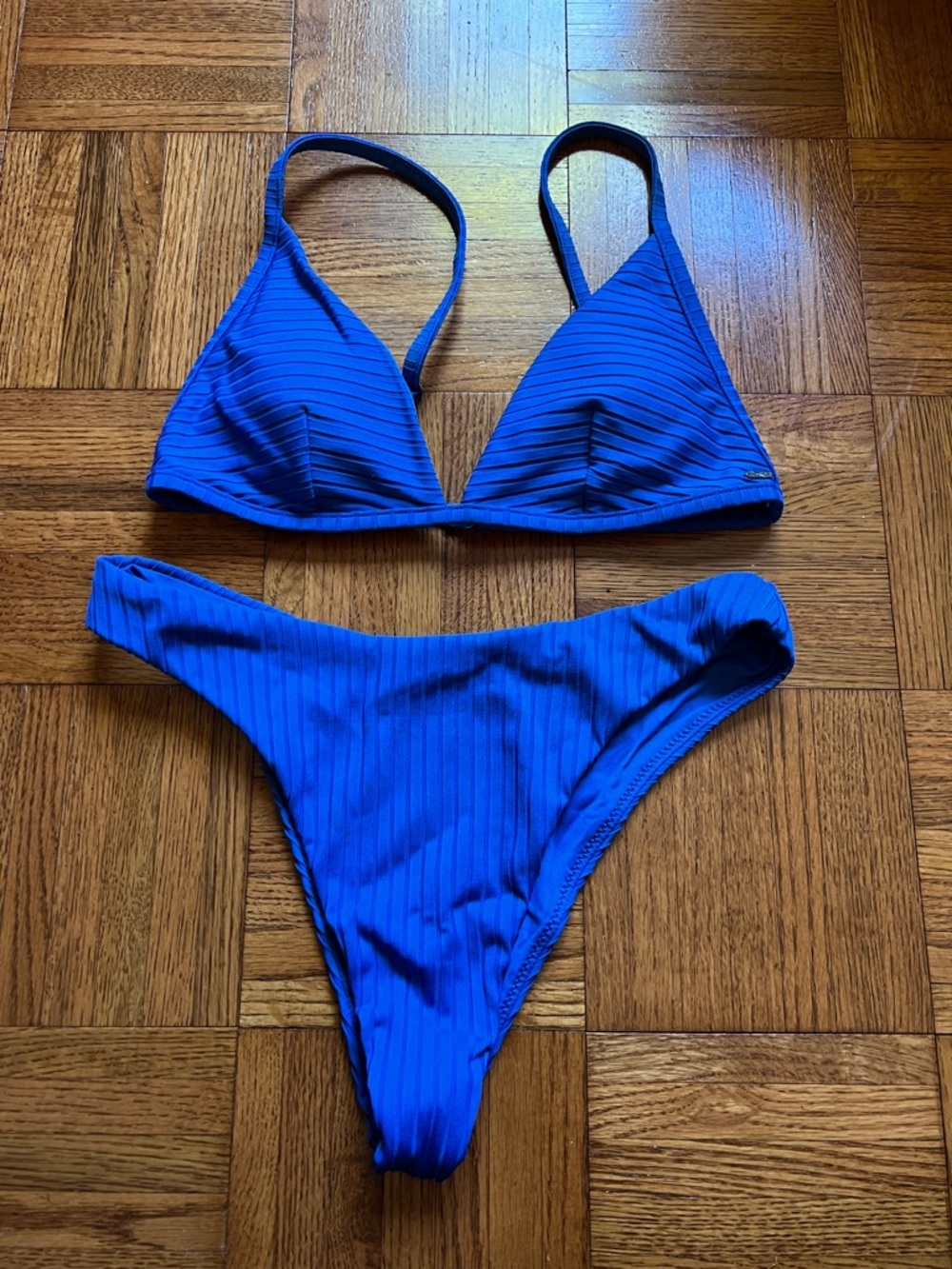 Rip Curl Premium Surf Electric Blue Ribbed Triangle Bikini Set- Hi Leg Skimpy